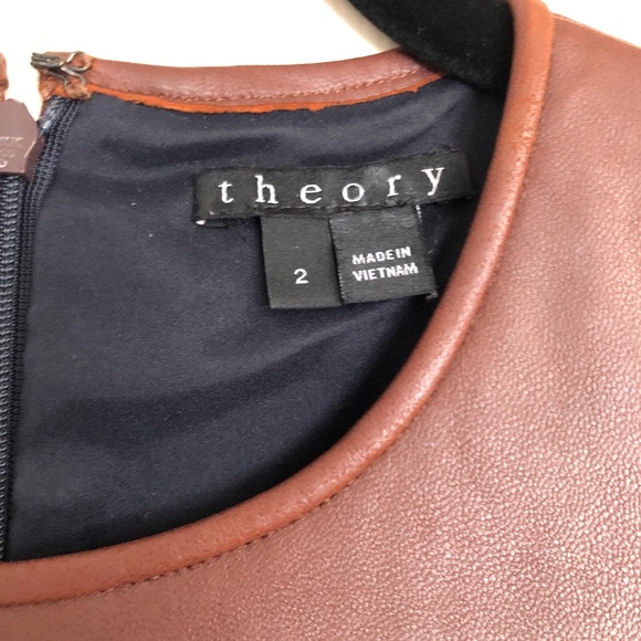 Women’s Theory Brown Leather and Navy Blue Tweed Dress 2 - Picture 6 of 7